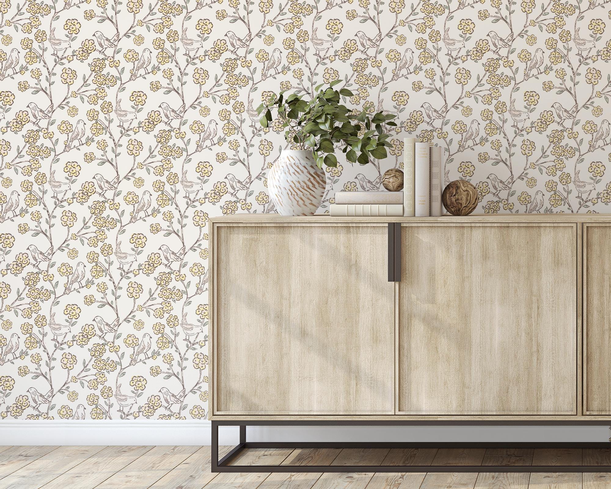 Papier Peint Auto-Adhésif Harmony Birds - Vert Et Jaune, Motif Oiseaux, Réutilisable