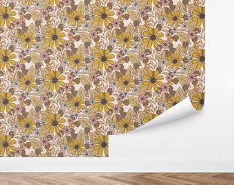 May include: A seamless pattern featuring a repeating design of yellow, brown, and pink flowers on a cream background.