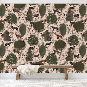 May include: A pink wallpaper with a repeating pattern of dogs and trees. The dogs are brown, black, and white, and the trees are green. The wallpaper is perfect for a dog lover's home.