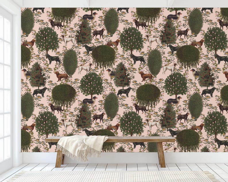 May include: A pink wallpaper with a repeating pattern of dogs and trees. The dogs are brown, black, and white, and the trees are green. The wallpaper is perfect for a dog lover's home.
