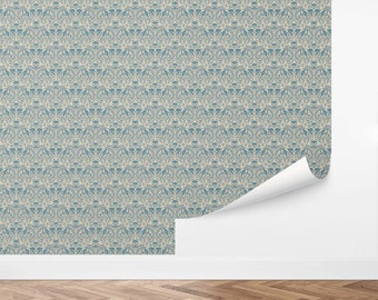 May include: A blue and white patterned wallpaper with a repeating design of stylized flowers and leaves.