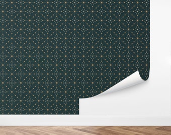 May include: A dark green wallpaper with a repeating pattern of small gold stars. The stars are connected by thin lines, creating a geometric design.