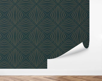 May include: A dark green wallpaper with a geometric pattern of gold lines and dots. The pattern is a repeating design of stars with a central point and radiating lines.