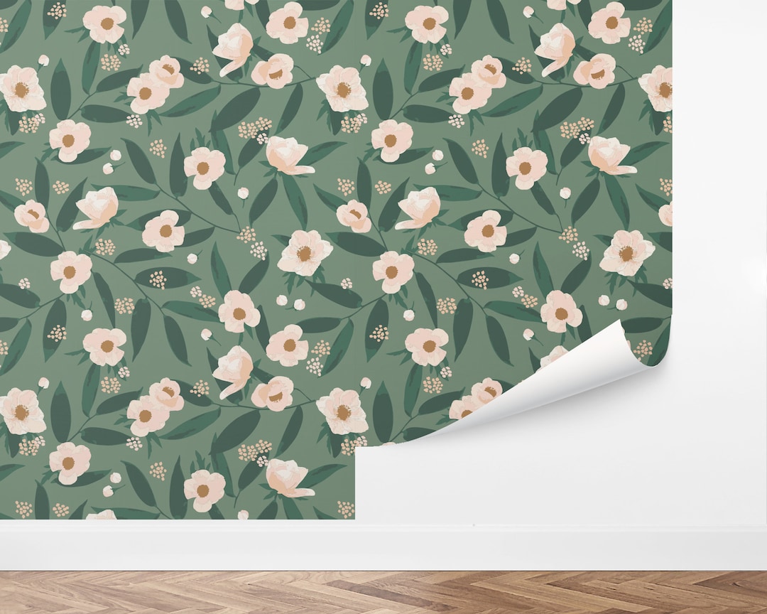 Custom Floral Peel and Stick Wallpaper, Removable Wallpaper - Green ...
