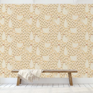 May include: A beige wallpaper with a repeating pattern of white chickens and small white flowers. A wooden bench with a white blanket is in the foreground.
