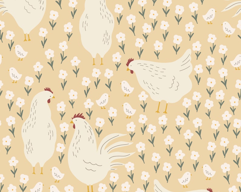 May include: A seamless pattern featuring white chickens and chicks in a field of white flowers on a light beige background.