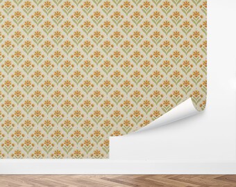 May include: A seamless pattern wallpaper with a repeating design of stylized orange flowers with green leaves on a cream background.