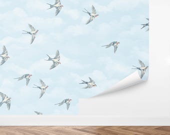 Custom Bird Peel and Stick Wallpaper, Removable Wallpaper - Swallow Serenade Wallpaper by Love vs. Design