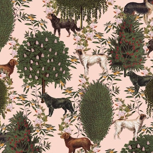 May include: A pink background with a repeating pattern of dogs, trees, and flowers. The dogs are black, brown, and white. The trees are green and have pink flowers. The flowers are pink and white.