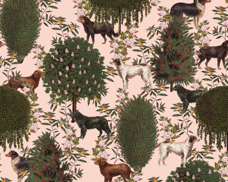 May include: A pink background with a repeating pattern of dogs, trees, and flowers. The dogs are black, brown, and white. The trees are green and have pink flowers. The flowers are pink and white.