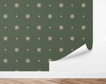 May include: A green wallpaper with a repeating pattern of tan stars. The stars are outlined in a thin black line and have a small circle in the center.