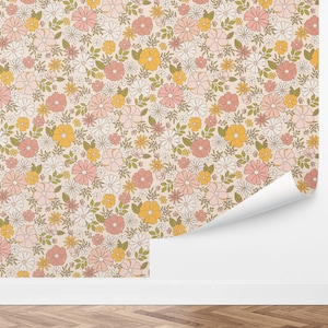 Retro Hippie 70s Floral Wallpaper, Colorful Boho Flower Wall Design, by Love Vs Design
