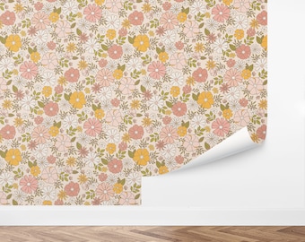 Retro Hippie 70s Floral Wallpaper, Colorful Boho Flower Wall Design, by Love Vs Design