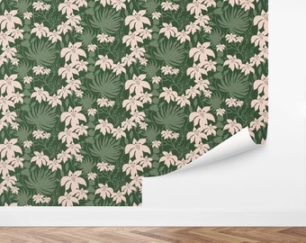May include: A green and pink floral wallpaper with a repeating pattern of stylized flowers and leaves.