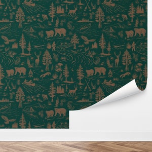 May include: A green and brown wallpaper pattern with a woodland theme. The pattern features bears, deer, trees, canoes, and other camping-related imagery.