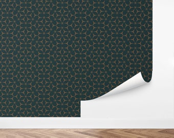May include: Teal wallpaper with a repeating geometric pattern of brown stars.