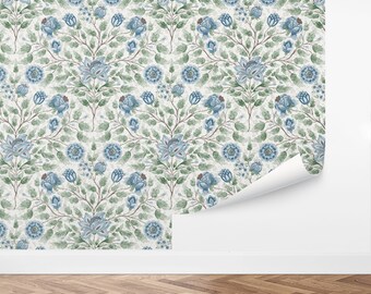Tranquil Garden Wallpaper, Peel and Stick, Blue Floral Vintage Botanical Pattern, by Love Vs Design