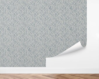 May include: A seamless pattern wallpaper featuring a repeating design of blue and gray leaves and dots on a white background.