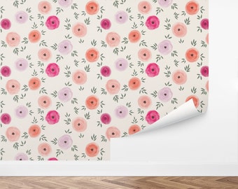 Custom Floral Peel and Stick Wallpaper, Removable Wallpaper - Watercolor Ranunculus Wallpaper by Love vs. Design