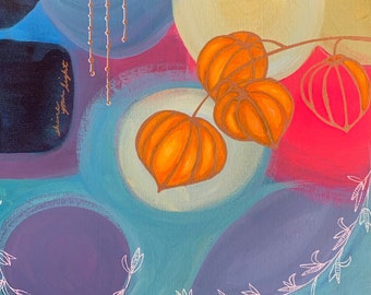 Acryl tusche ORIGINAL Kunstwerk von Nancy Buckenham 12x12 Leinwand Panel. Chinesische Laterne floral in satten Farben, um in jedes Dekor zu passen.