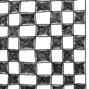 May include: A black and white checkered pattern drawn in a hand-drawn style.