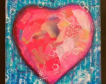 Mixed Media ORIGINAL Kunstwerk von Nancy Buckenham 12 x 12"x 12" x 1/2" Holzplatte. Fertig zum Aufhängen. Unter dem Titel "HERZ".