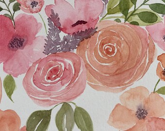 Aquarell ORIGINAL Kunstwerk von Nancy Buckenham Floral Design in Pink und Grüntönen.