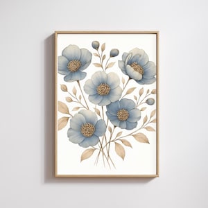 Blue Floral Wall Art Printable, Boho Botanical Flower Print, Neutral Beige & Blue Wall Decor, Minimalist Digital Download Art