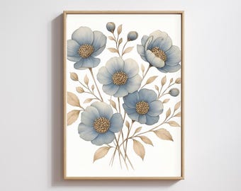 Stampa floreale ad acquerello blu, decorazione murale floreale in stile boho (download digitale)