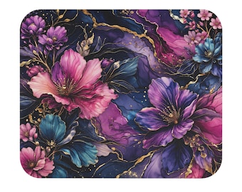 Purple Pink Floral Marble Mouse Pad | Rectangular Desk Mat, Gold Accents