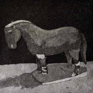 May include: A monochrome illustration of a horse standing on a large trainer. The horse has a white mane and is wearing socks with stripes. The background is dark, and the horse casts a shadow.