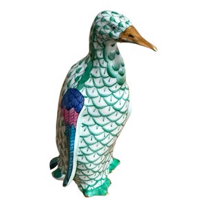 Herend Hungary 4.75” Penguin Figurine - Vieux Herend Green Fishnet with 24K accents