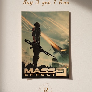 May include: A vintage-style poster featuring a figure in futuristic armor holding a rifle, set against a backdrop of a sci-fi battle scene. The poster has the text "MASS EFFECT" in bold letters. The text "Buy 3 get 1 free" is also visible.