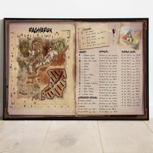May include: A framed print of a detailed map titled "Ragnarok", with a grid overlay and handwritten notes. The map has a vintage aesthetic, with a "Work in Progress" stamp. Includes a legend and artifact details.