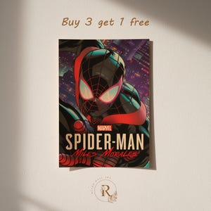 May include: A poster featuring Spider-Man Miles Morales in a dynamic pose. The artwork showcases a black and red Spider-Man suit with a cityscape background. The poster includes the Marvel logo and the text "SPIDER-MAN Miles Morales".