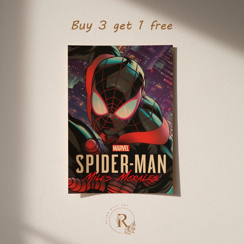 May include: A poster featuring Spider-Man Miles Morales in a dynamic pose. The artwork showcases a black and red Spider-Man suit with a cityscape background. The poster includes the Marvel logo and the text "SPIDER-MAN Miles Morales".