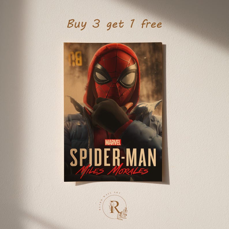 May include: A poster featuring Spider-Man Miles Morales in a red and black mask and hood, with a blue jacket. The Marvel logo is visible, along with the text "SPIDER-MAN Miles Morales". The poster has the text "Buy 3 get 1 free".