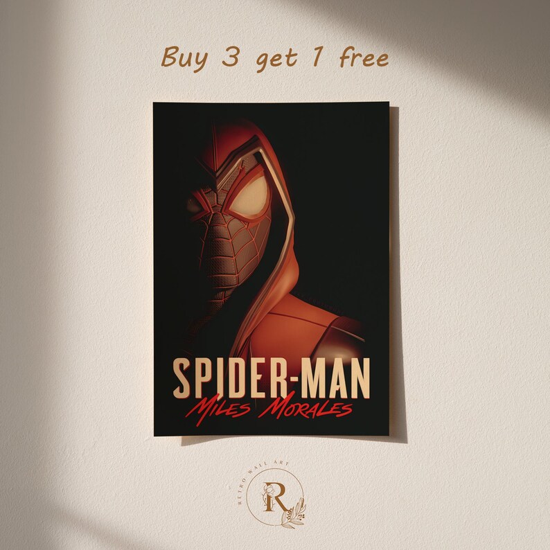 May include: A poster featuring Spider-Man Miles Morales in a red and black suit with a hooded jacket. The title "SPIDER-MAN Miles Morales" is displayed in gold and red text. The words "Buy 3 get 1 free" are at the top.