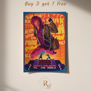 May include: A poster featuring a stylized illustration from "Scott Pilgrim vs. The World." The artwork depicts a character on a swing, with action-oriented text and a vibrant color palette. The text "Buy 3 get 1 free" is at the top.