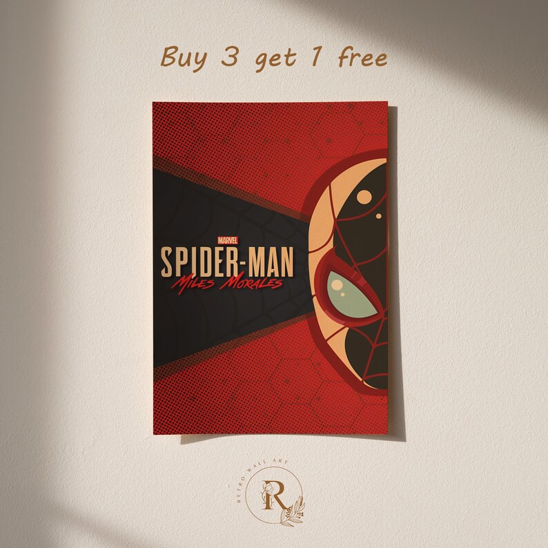 May include: A red and black Spider-Man poster featuring the text "SPIDER-MAN Miles Morales" and a partial illustration of Spider-Man's face. The poster has a retro style with a web design and the Marvel logo.