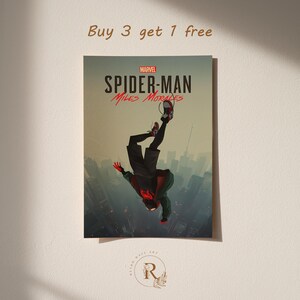 May include: A poster featuring the Marvel character Spider-Man, Miles Morales, in a dynamic pose against a cityscape backdrop. The poster has the text "Buy 3 get 1 free" at the top. The artwork is in a comic book style with vibrant colors.