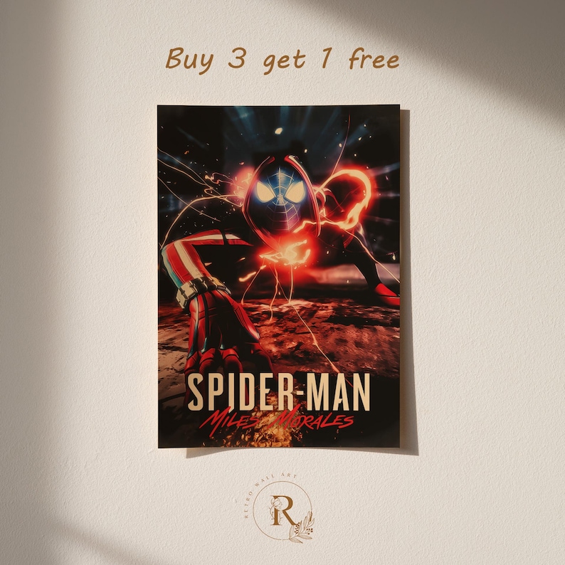 May include: A poster featuring Spider-Man Miles Morales in a dynamic pose, with a red and black suit and glowing energy effects. The title "SPIDER-MAN MILES MORALES" is prominently displayed. The text "Buy 3 get 1 free" is at the top.