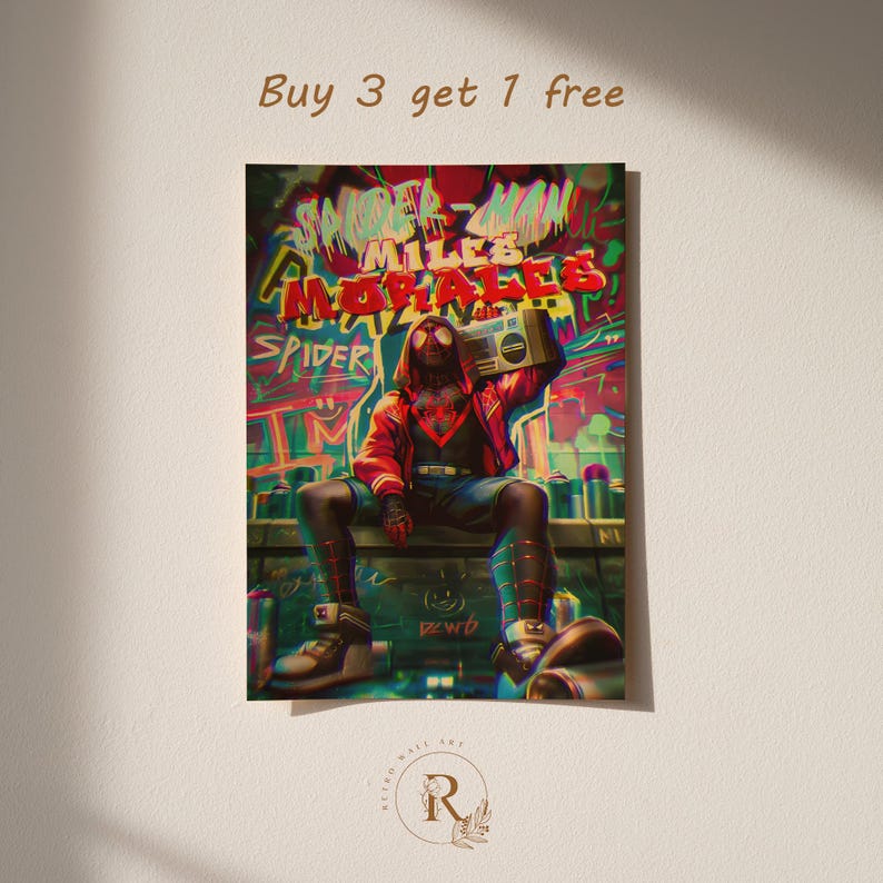May include: A vibrant poster featuring Miles Morales, the Spider-Man, holding a boombox. He is wearing a red jacket, blue jeans, and sneakers. The background is a colorful graffiti scene with the words "Spider-Man Miles Morales".