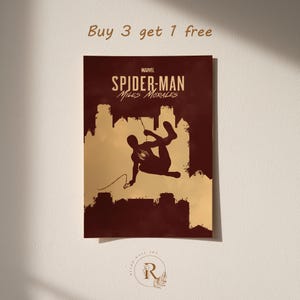 May include: A rectangular poster featuring a silhouette of Spider-Man Miles Morales in a cityscape. The poster has a burgundy background with gold accents and the text "Buy 3 get 1 free". The Marvel logo and "Spider-Man Miles Morales" are also displayed.