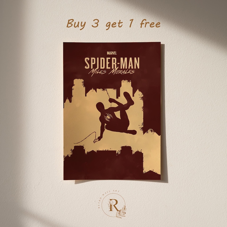 May include: A rectangular poster featuring a silhouette of Spider-Man Miles Morales in a cityscape. The poster has a burgundy background with gold accents and the text "Buy 3 get 1 free". The Marvel logo and "Spider-Man Miles Morales" are also displayed.