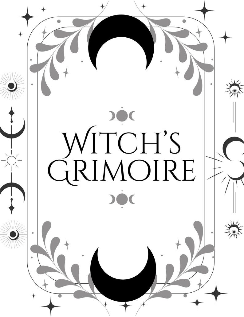 May include: Black and white illustration with the text "Witch's Grimoire". The design features crescent moons, stars, suns, and decorative floral elements. The border is a rounded rectangle.
