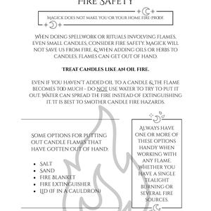 May include: A white informational print titled "FIRE SAFETY" with text about candle fire safety, including options for extinguishing flames. The print features decorative celestial symbols and a flame graphic.