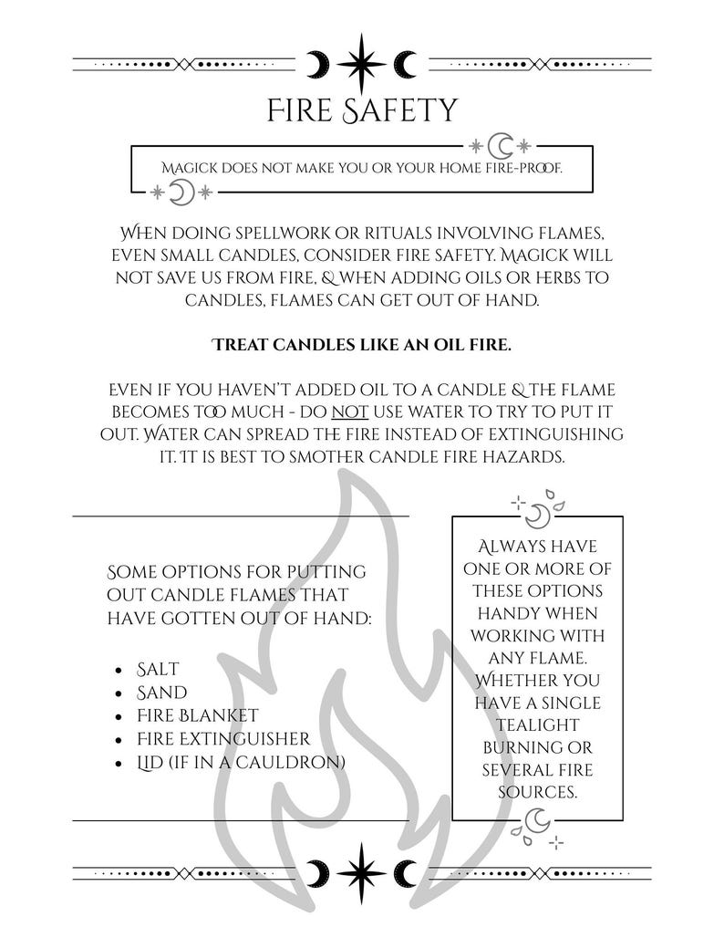 May include: A white informational print titled "FIRE SAFETY" with text about candle fire safety, including options for extinguishing flames. The print features decorative celestial symbols and a flame graphic.