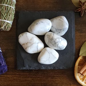 May include: Five smooth, white Howlite stones with gray veining rest on a black square. The stones are surrounded by dried herbs, spices, and a dried orange slice, creating a natural, earthy aesthetic.