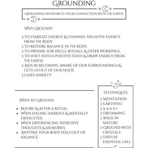 May include: A black and white graphic with the word "GROUNDING" at the top. The image provides information on grounding, including why to ground, when to ground, and techniques such as meditation and earthing. The text is in a clean, easy-to-read font.